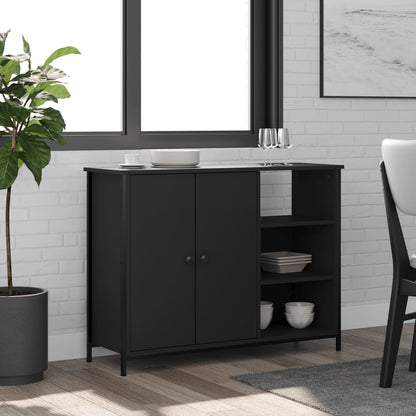 Aparador Tulle - Cor Preto - Com 2 Portas, 3 Prateleiras Externas e 2 Prateleiras Interiores - 100x33x75 cm - Derivados de Madeira, Estrutura e  Pés Ajustáveis em Aço - Design Nórdico