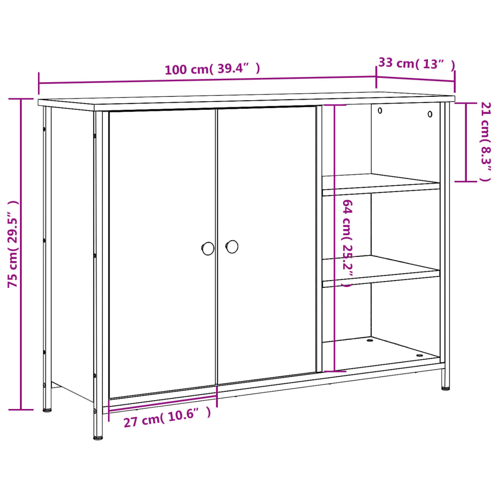 Aparador Tulle - Madeira Rústica- Com 2 Portas, 3 Prateleiras Externas e 2 Prateleiras Interiores - 100x33x75 cm - Derivados de Madeira, Estrutura e  Pés Ajustáveis em Aço - Design Nórdico