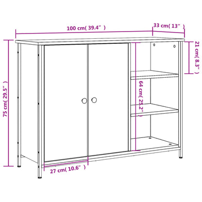 Aparador Tulle - Madeira Rústica- Com 2 Portas, 3 Prateleiras Externas e 2 Prateleiras Interiores - 100x33x75 cm - Derivados de Madeira, Estrutura e  Pés Ajustáveis em Aço - Design Nórdico