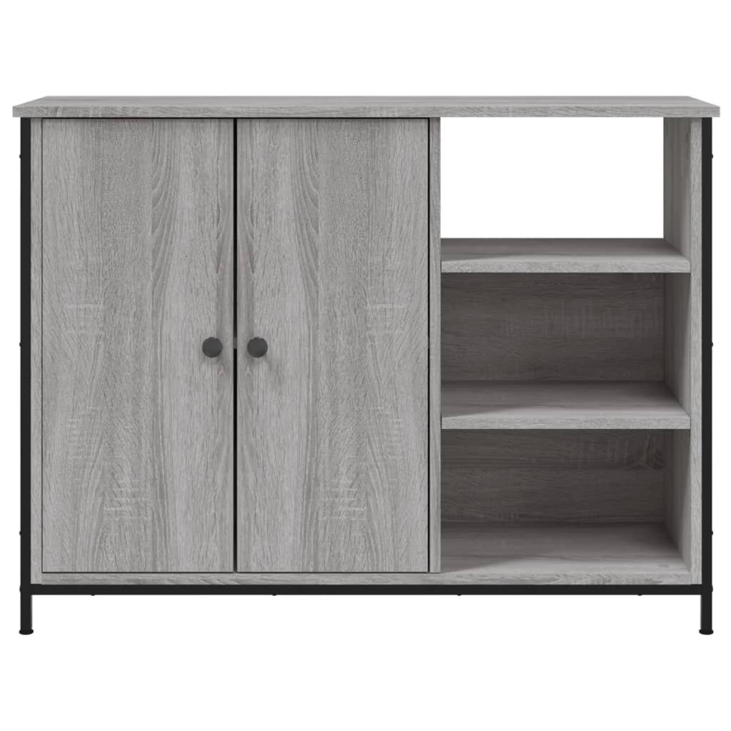 Aparador Tulle - Cor Cinzento Sonoma - Com 2 Portas, 3 Prateleiras Externas e 2 Prateleiras Interiores - 100x33x75 cm - Derivados de Madeira, Estrutura e  Pés Ajustáveis em Aço - Design Nórdico