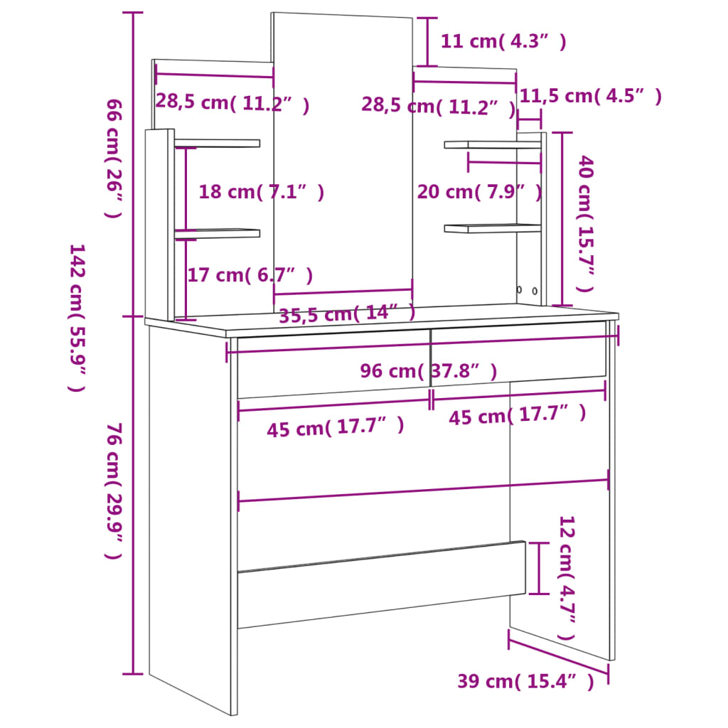 Toucador com espelho 96x39x142 cm cor branco