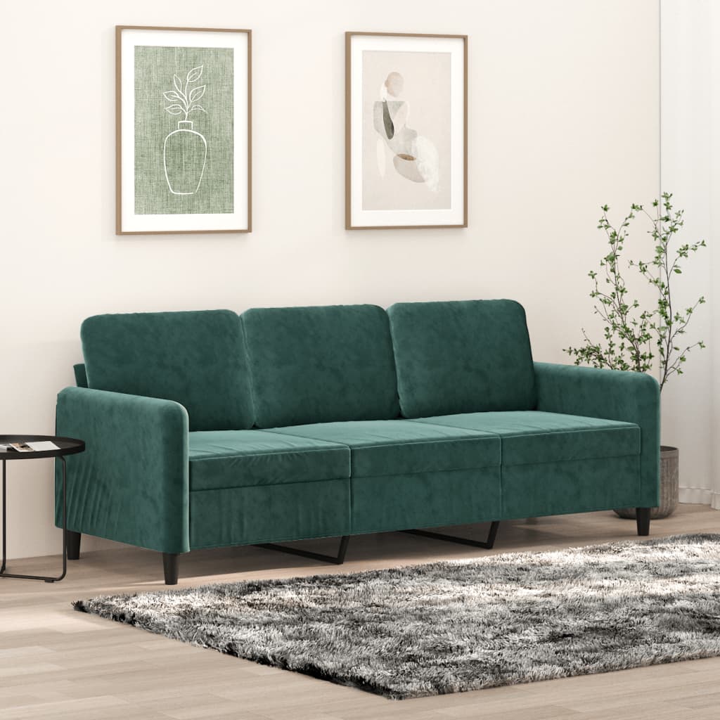 Sofá Rute de 3 Lugares - Cor Verde Esmeralda - 198x77x80 cm - Em Veludo, com Estrutura em Metal e com Assento, Apóios de Braços e Encosto Fortemente Acolchoados - Design Nórdico