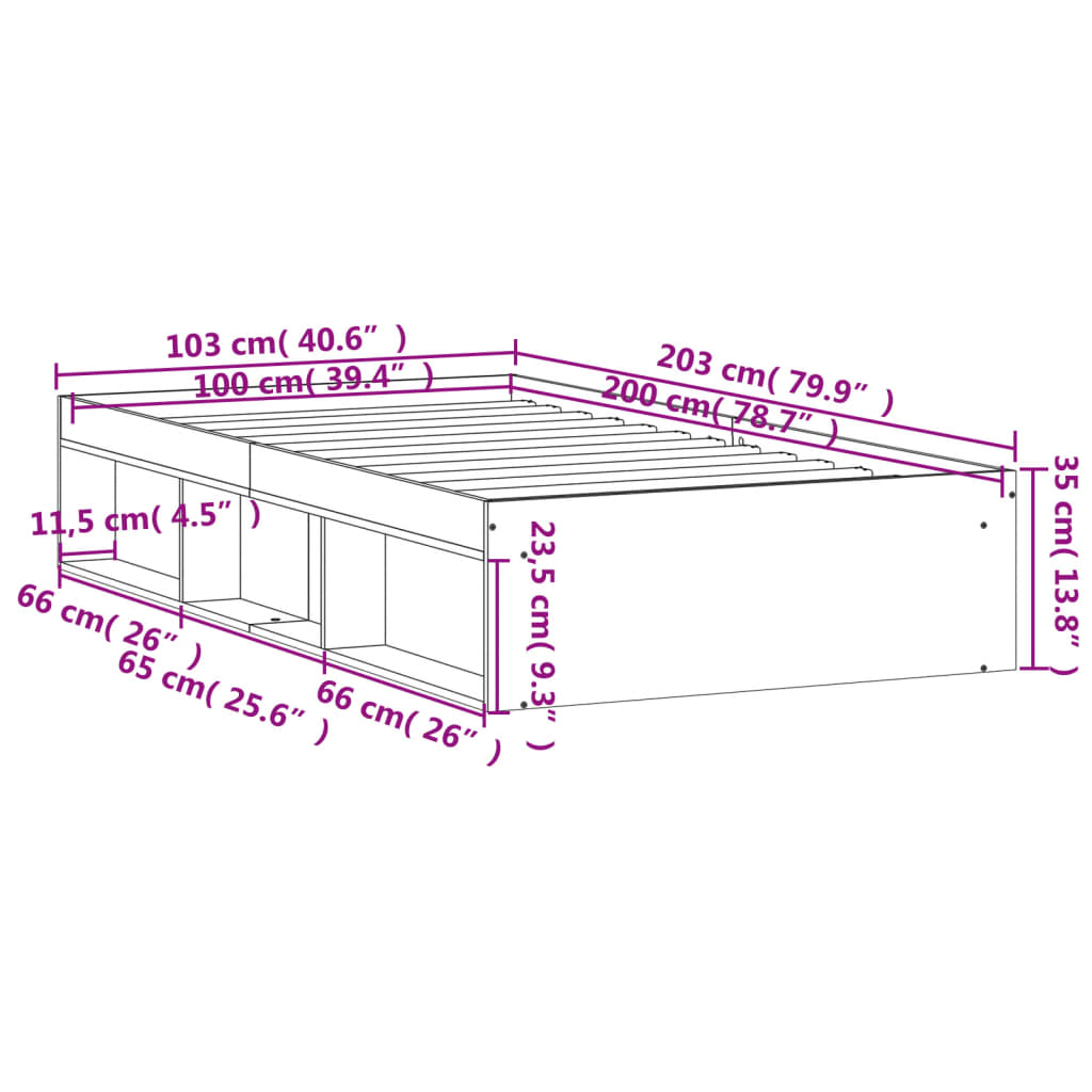 Estrutura de cama 100x200 cm cinzento sonoma