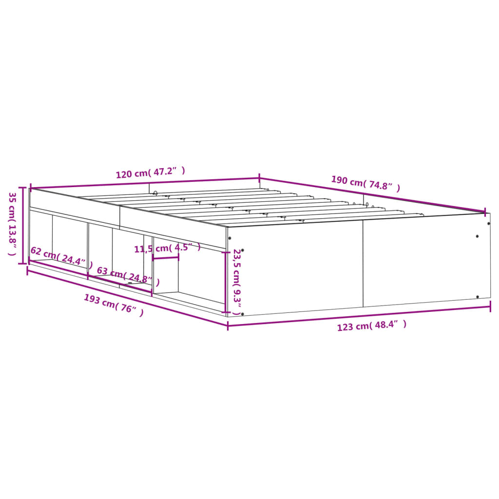 Estrutura de cama de casal pequena 120x190 cm cinzento sonoma