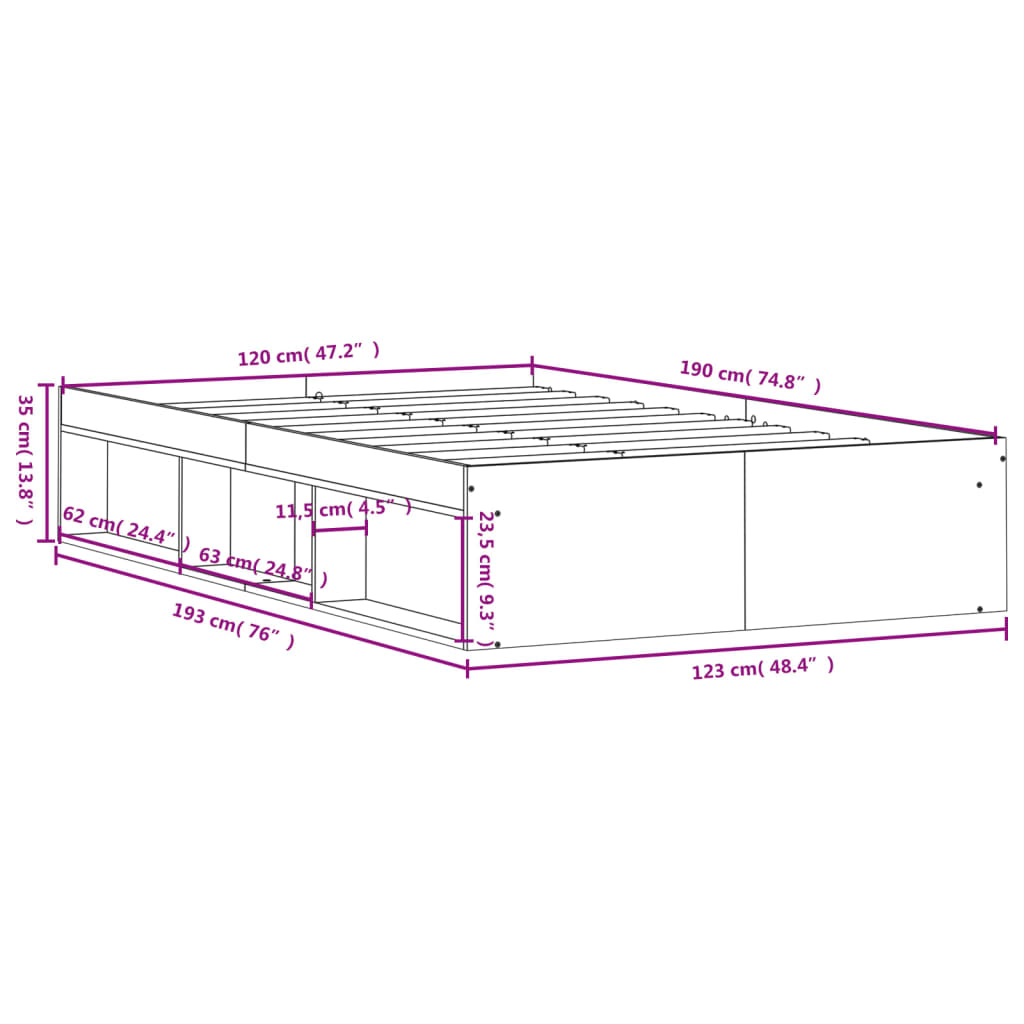 Estrutura de cama de casal pequena 120x190 cm carvalho castanho