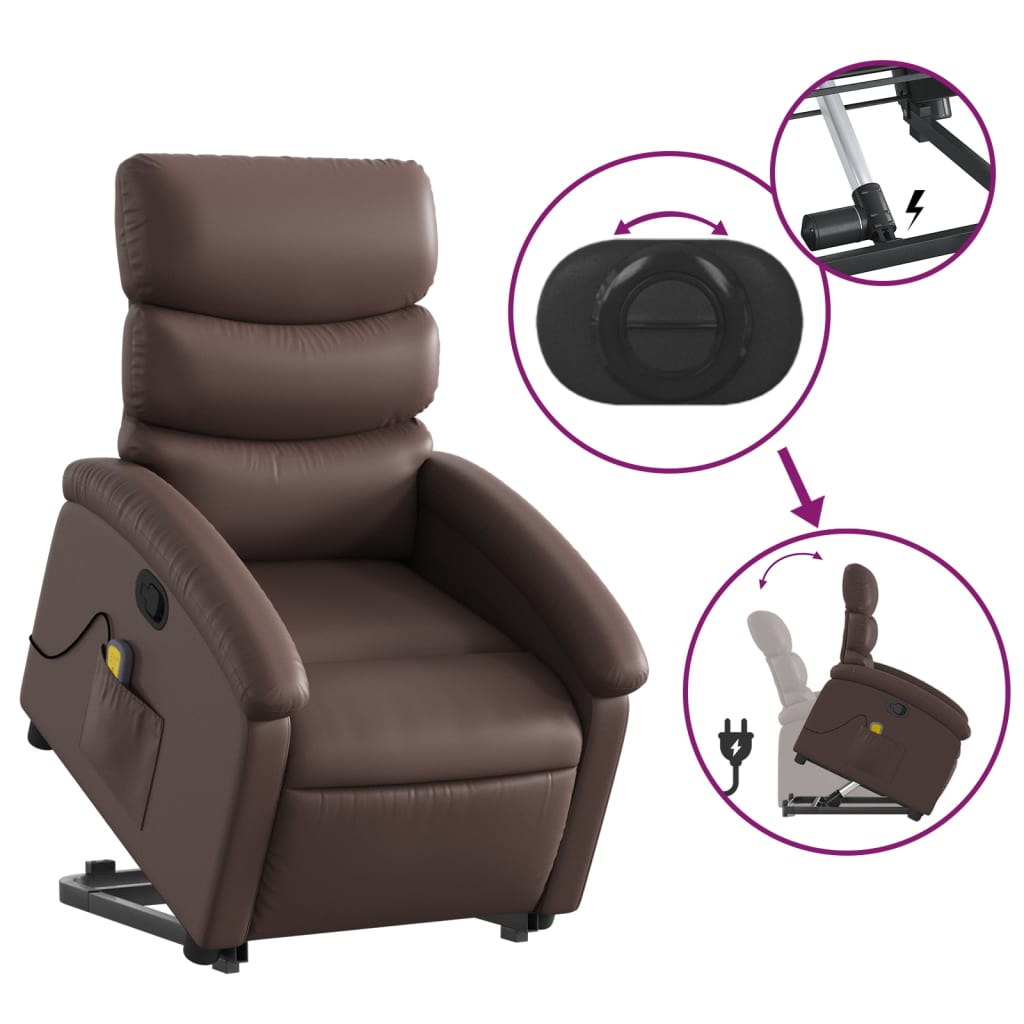 Poltrona Relax York Elevatória com 6 Pontos de Massagens e Reclinação Manual em Couro Artificial - Castanho - Design Moderno