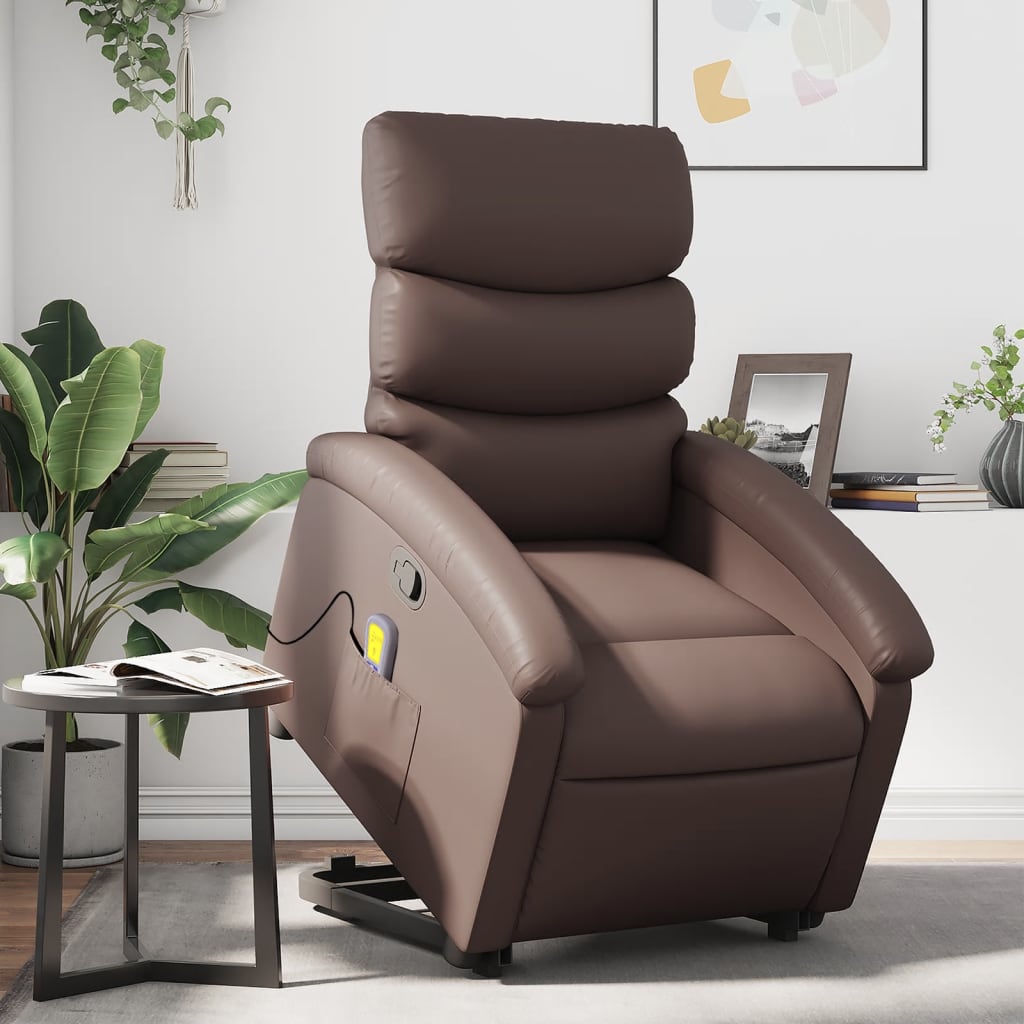 Poltrona Relax York Elevatória com 6 Pontos de Massagens e Reclinação Manual em Couro Artificial - Castanho - Design Moderno