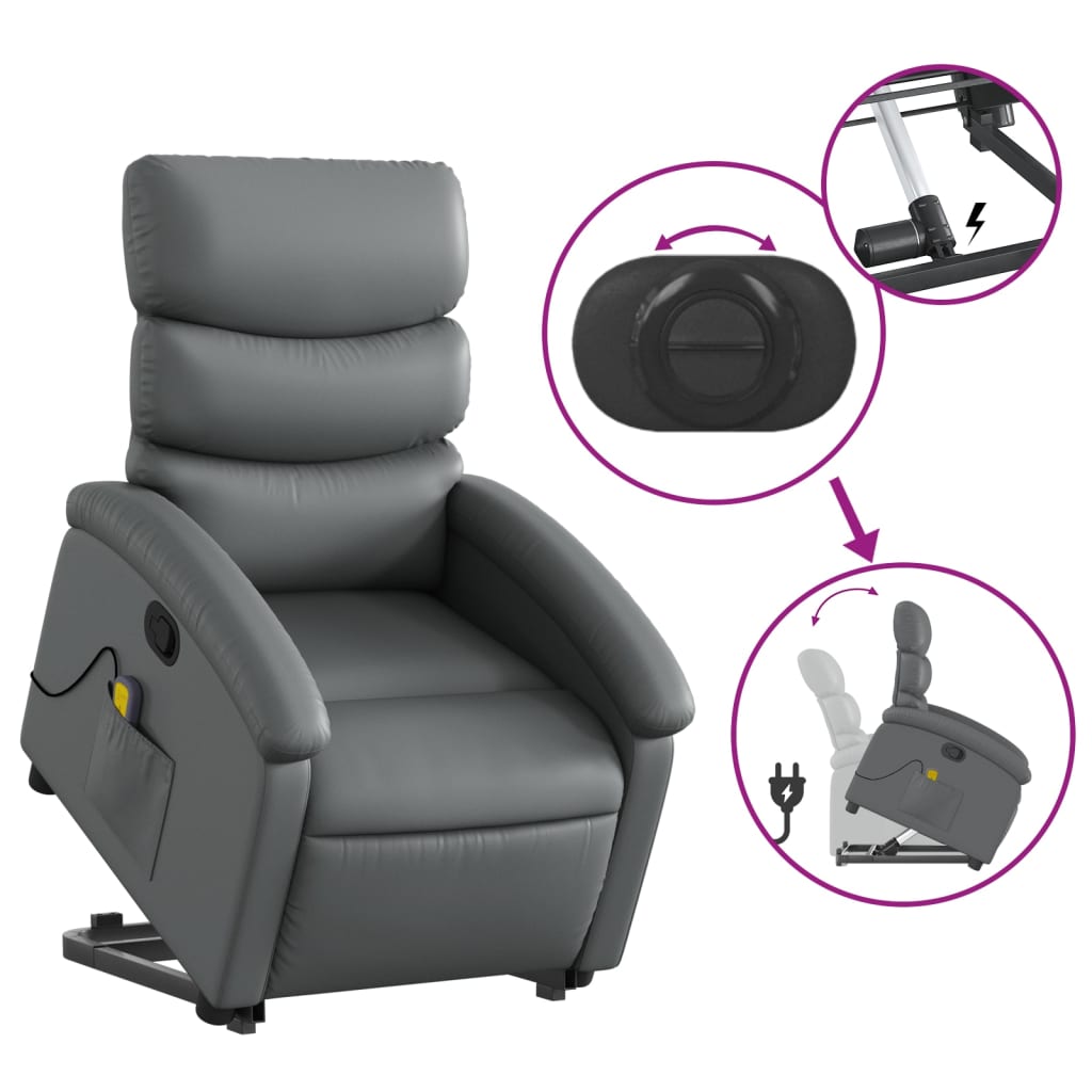 Poltrona Relax York Elevatória com 6 Pontos de Massagens e Reclinação Manual em Couro Artificial - Cinzento - Design Moderno