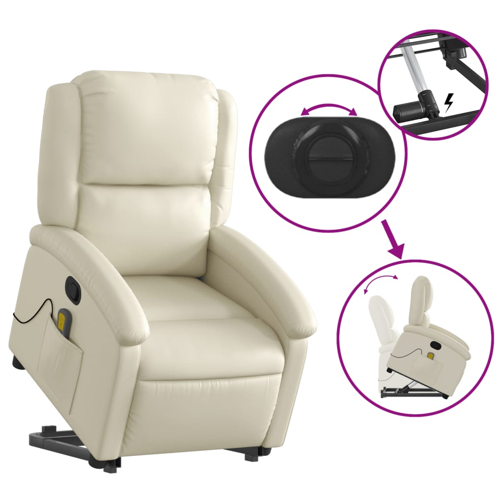 Poltrona Relax Ovar Elevatória com 6 Pontos de Massagens e Reclinação Manual em Couro Artificial - Creme - Design Moderno