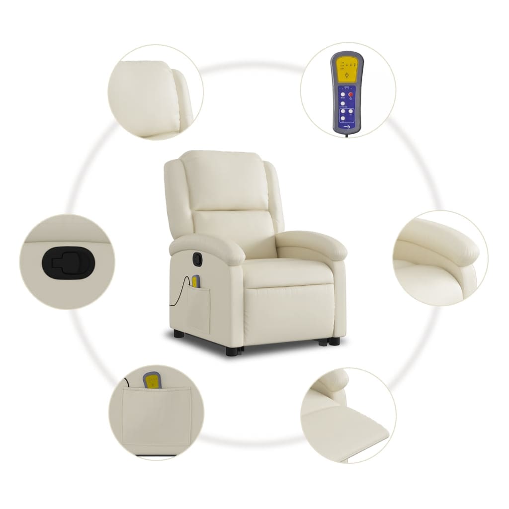 Poltrona Relax Ovar Elevatória com 6 Pontos de Massagens e Reclinação Manual em Couro Artificial - Creme - Design Moderno