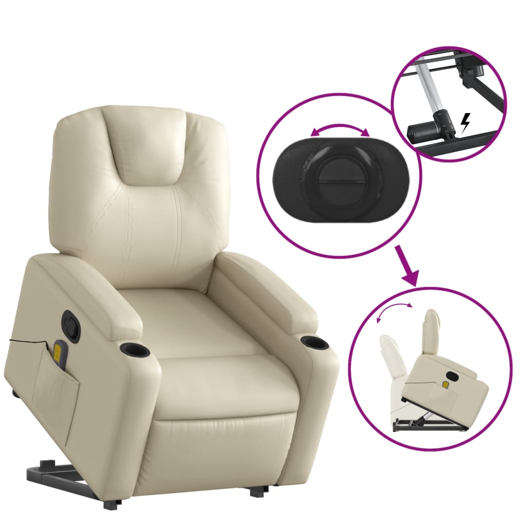 Poltrona Relax Luge Elevatória com 6 Pontos de Massagens e Reclinação Manual em Couro Artificial - Creme - Design Moderno