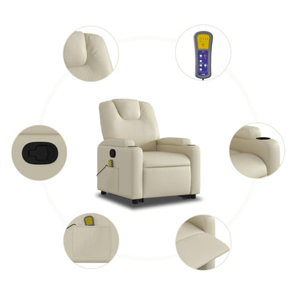 Poltrona Relax Luge Elevatória com 6 Pontos de Massagens e Reclinação Manual em Couro Artificial - Creme - Design Moderno