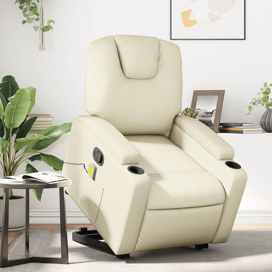 Poltrona Relax Luge Elevatória com 6 Pontos de Massagens e Reclinação Manual em Couro Artificial - Creme - Design Moderno