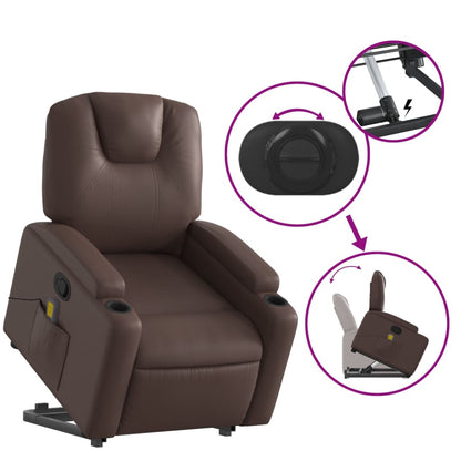 Poltrona Relax Luge Elevatória com 6 Pontos de Massagens e Reclinação Manual em Couro Artificial - Castanho - Design Moderno