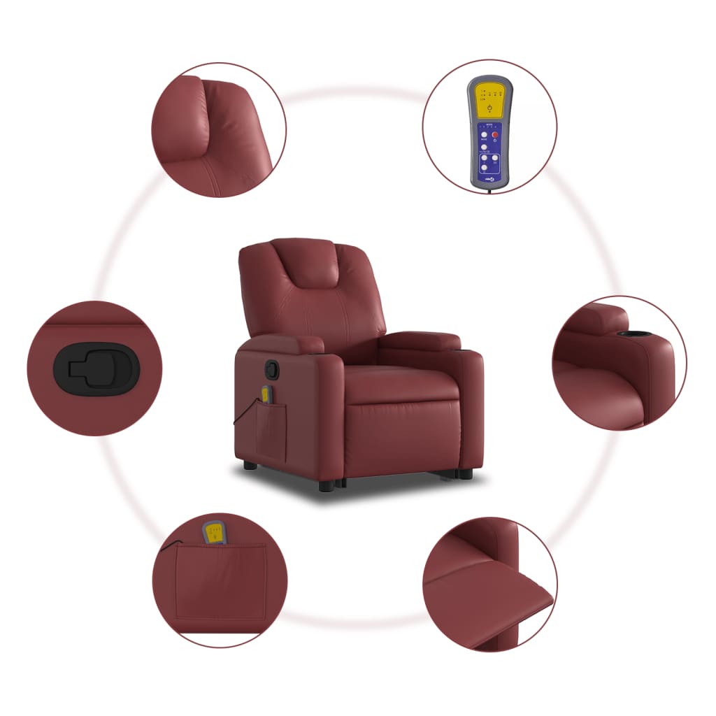 Poltrona Relax Luge Elevatória com 6 Pontos de Massagens e Reclinação Manual em Couro Artificial - Vermelho Tinto - Design Moderno