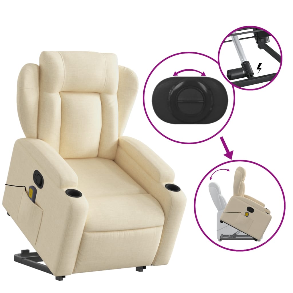 Poltrona Relax Faro Elevatória com 6 Pontos de Massagens e Reclinação Manual em Tecido - Creme - Design Moderno