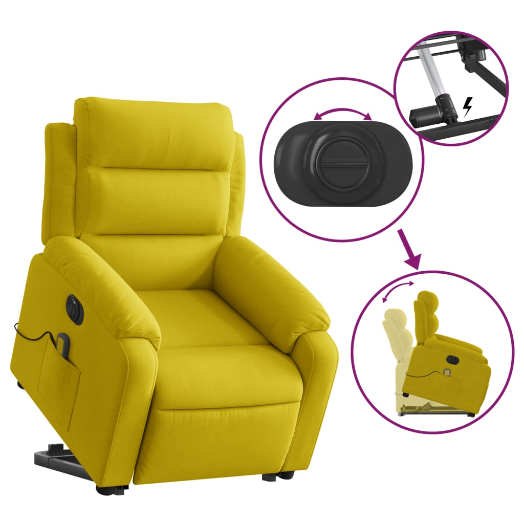 Poltrona massagens reclin. elevatória elétrica veludo amarelo