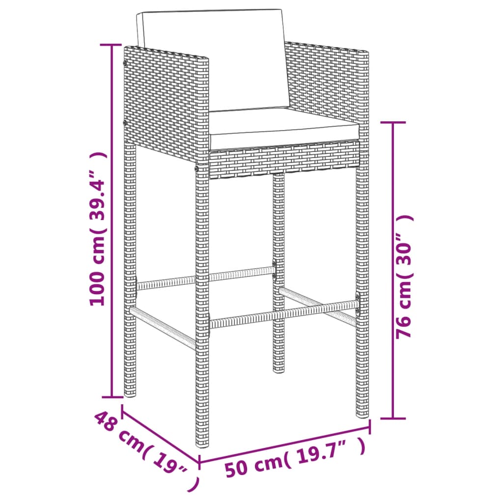 5 pcs conjunto de bar para jardim c/ almofadões vime PE cinza