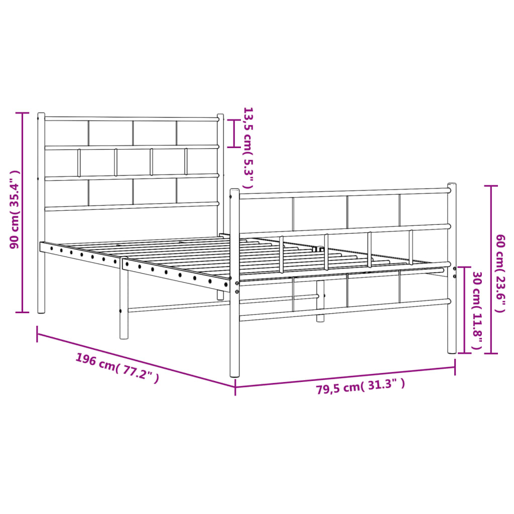 Estrutura de cama com cabeceira e pés 75x190 cm metal preto