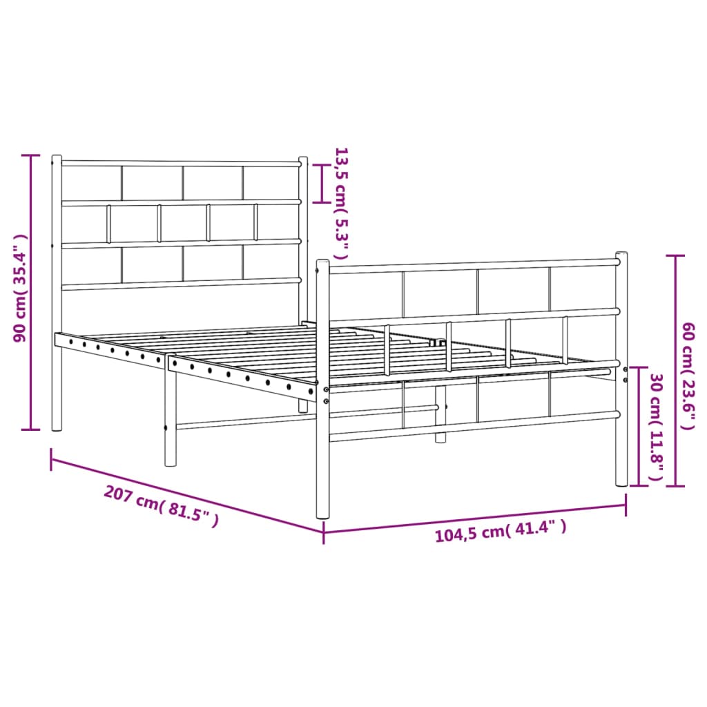 Estrutura de cama com cabeceira e pés 100x200 cm metal preto