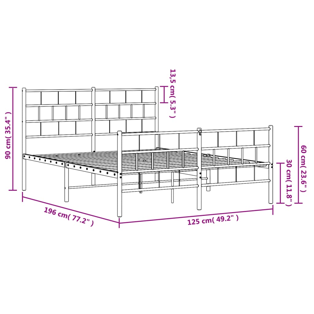 Estrutura de cama com cabeceira e pés 120x190 cm metal preto