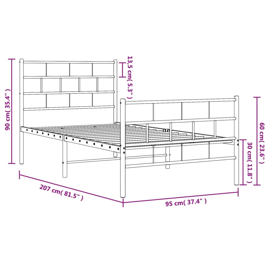 Estrutura de cama com cabeceira e pés 90x200 cm metal branco