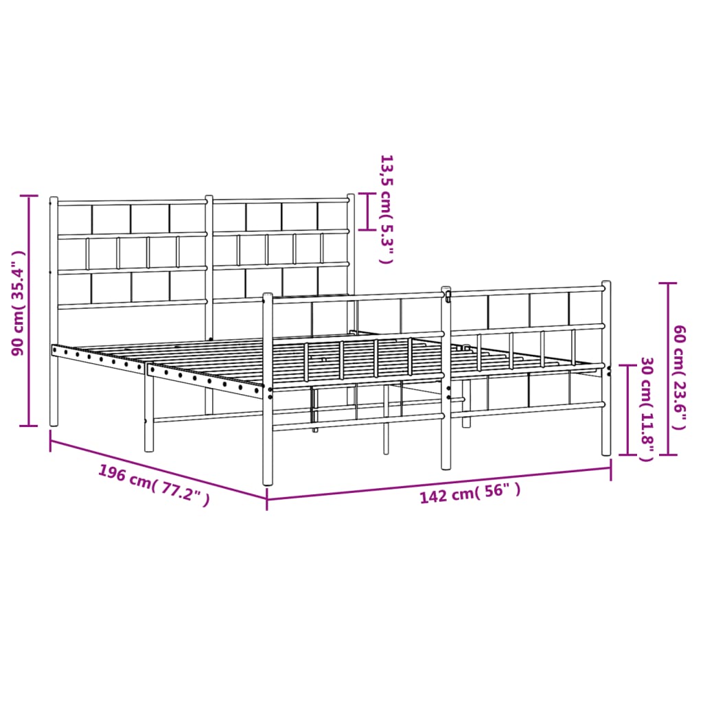 Estrutura de cama com cabeceira e pés 135x190 cm metal branco