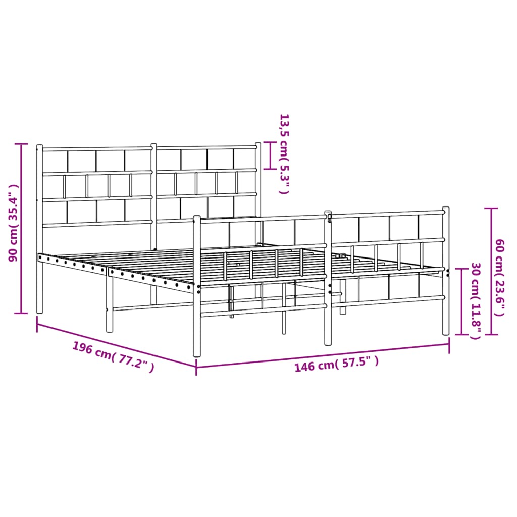 Estrutura de cama com cabeceira e pés 140x190 cm metal branco