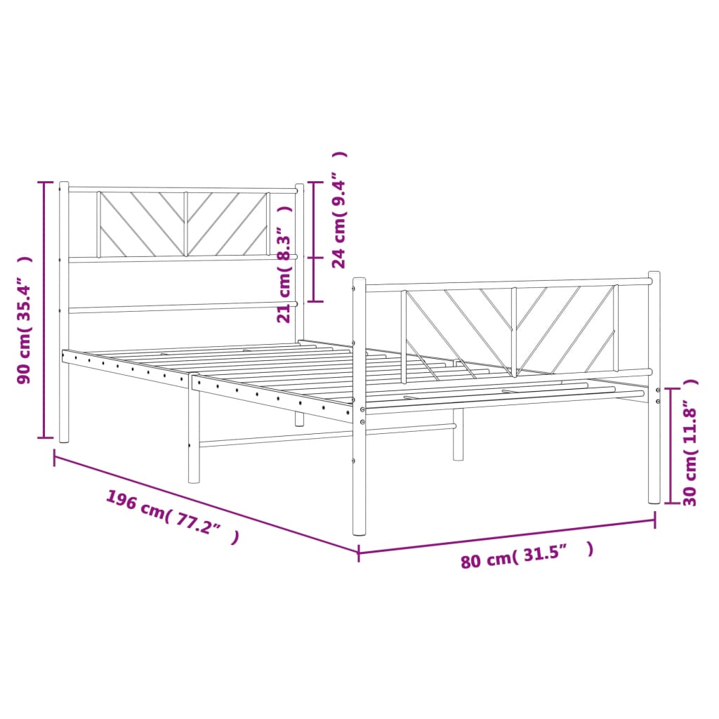 Estrutura de cama com cabeceira e pés 75x190 cm metal preto