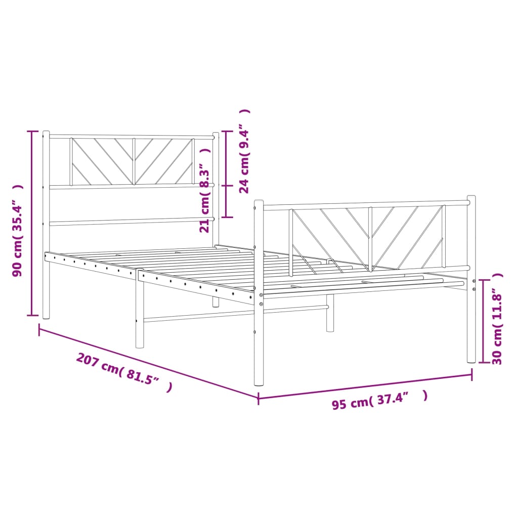 Estrutura de cama com cabeceira e pés 90x200 cm metal branco