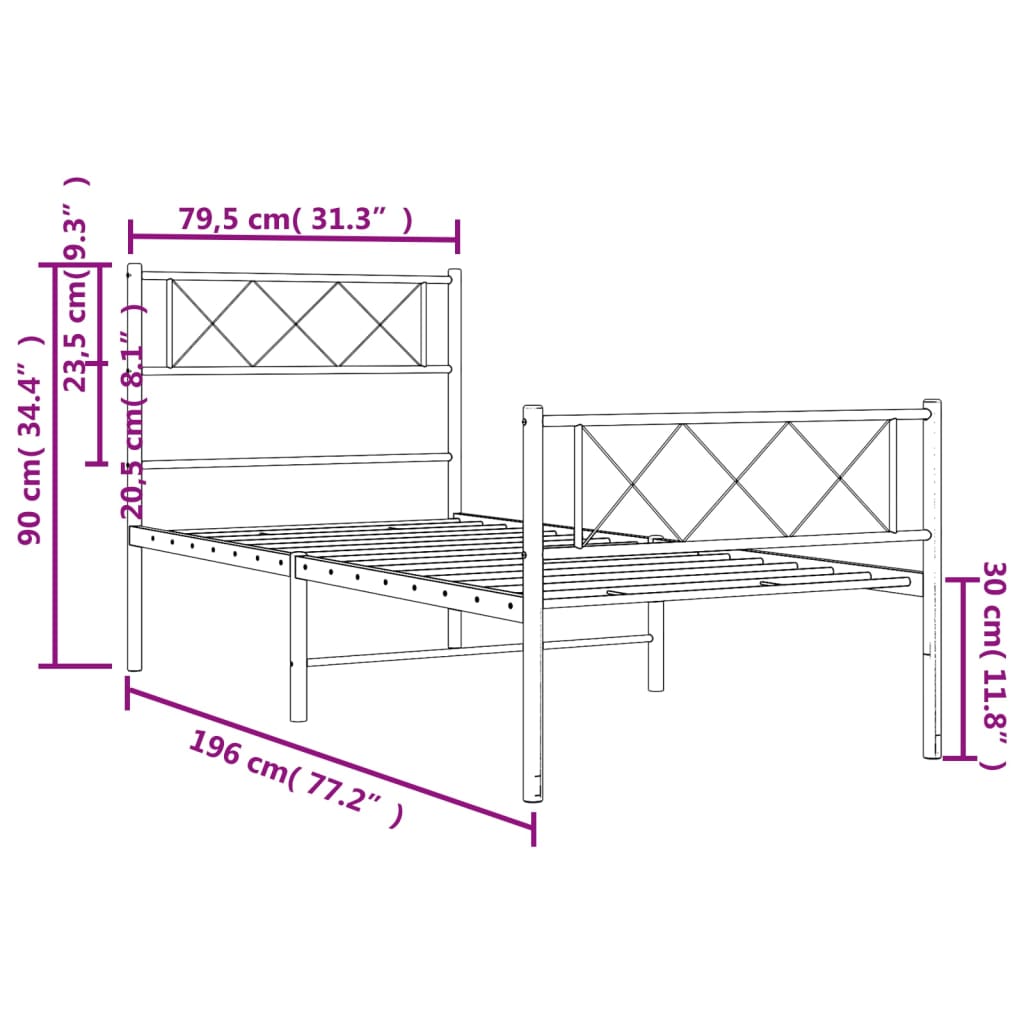 Estrutura de cama com cabeceira e pés 75x190 cm metal preto