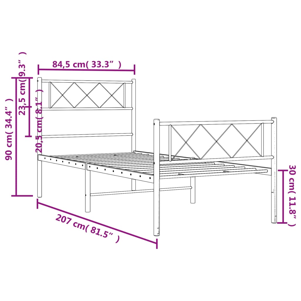 Estrutura de cama com cabeceira e pés 80x200 cm metal preto