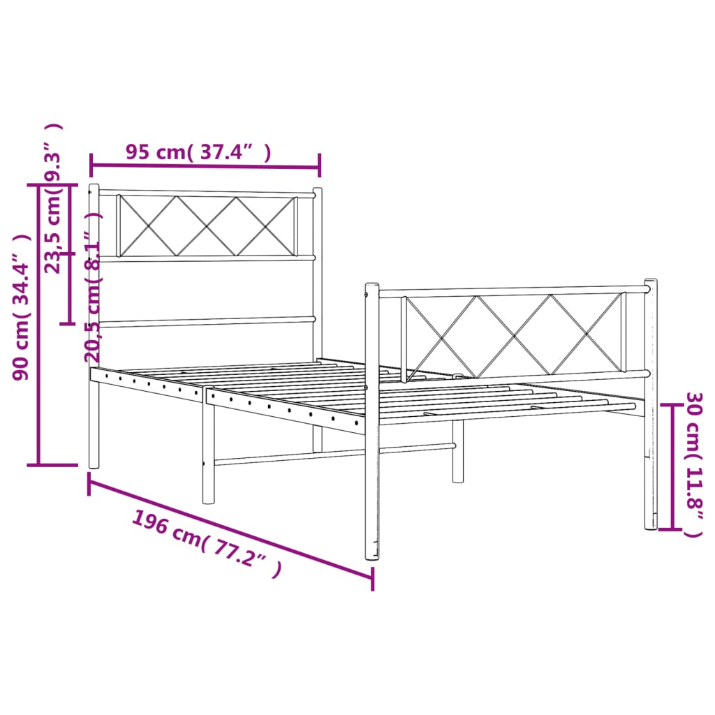 Estrutura de cama com cabeceira e pés 90x190 cm metal preto