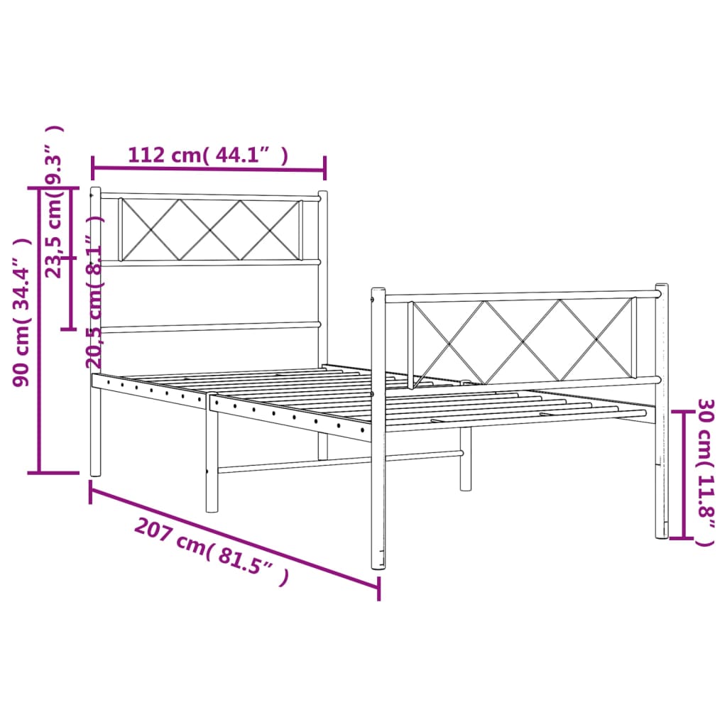 Estrutura de cama com cabeceira e pés 107x203 cm metal preto