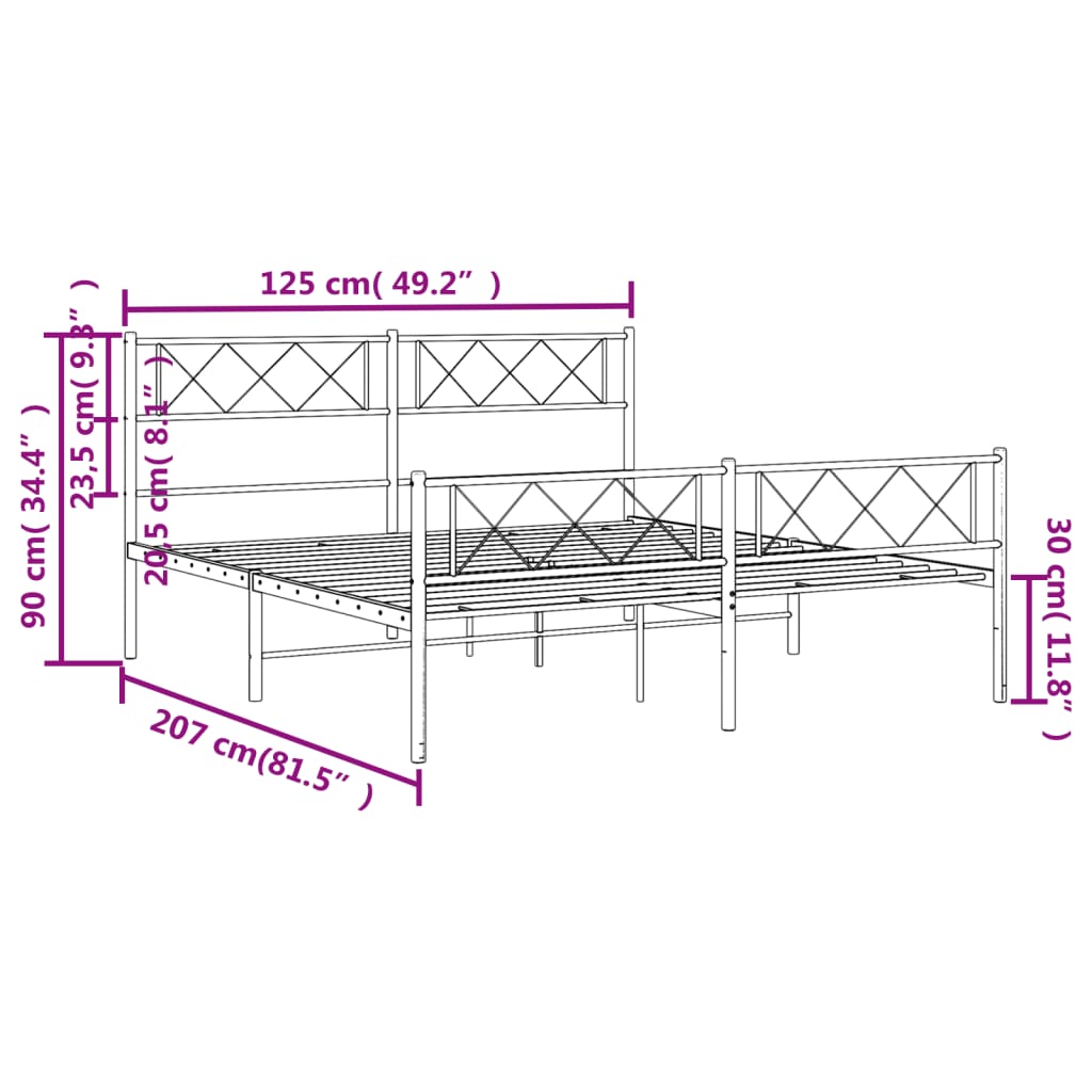 Estrutura de cama com cabeceira e pés 120x200 cm metal preto