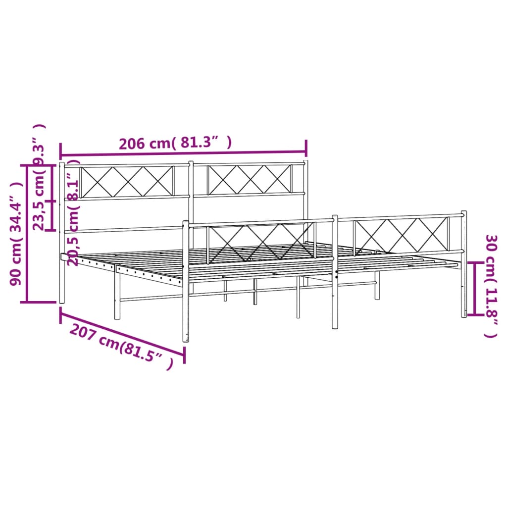 Estrutura de cama com cabeceira e pés 200x200 cm metal preto