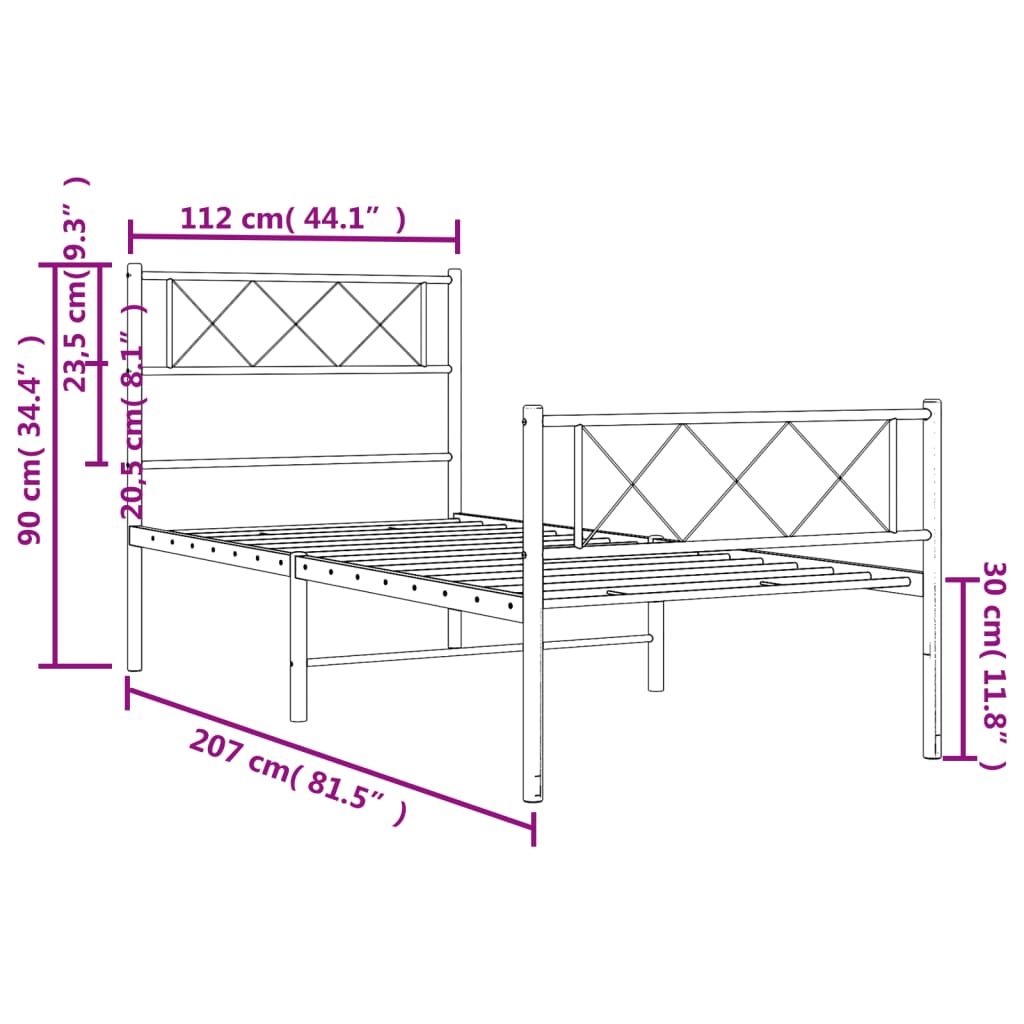 Estrutura de cama com cabeceira e pés 107x203 cm metal branco