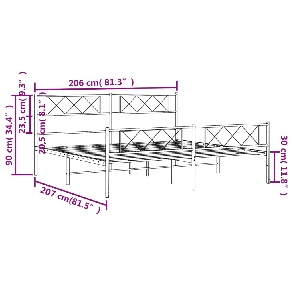 Estrutura de cama com cabeceira e pés 200x200 cm metal branco