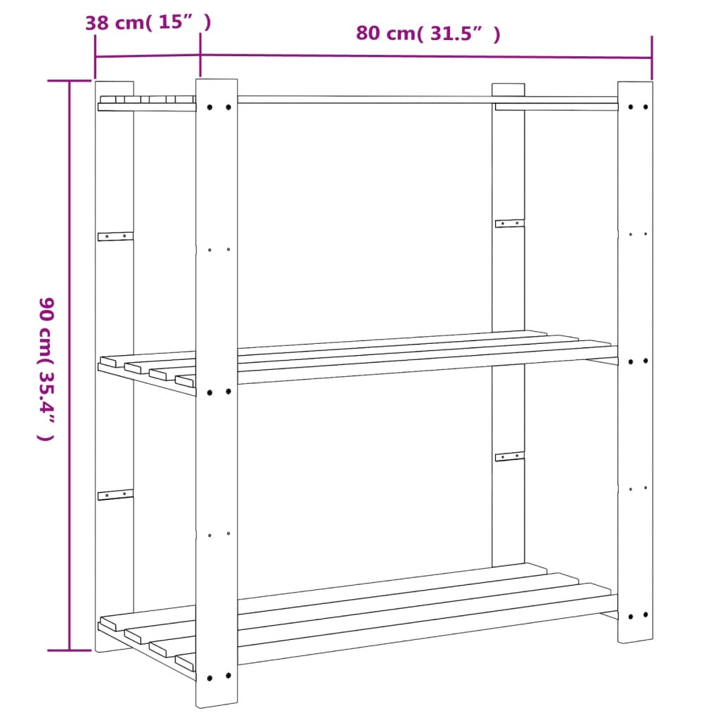 Unidade de 3 prateleiras 80x38x90 cm pinho maciço castanho