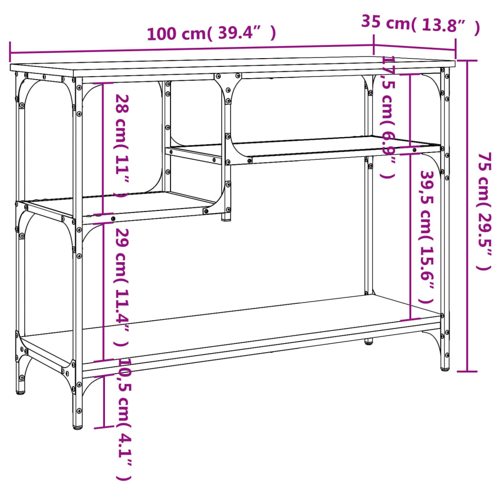 Mesa consola c/ prateleiras 100x35x75 cm carvalho fumado