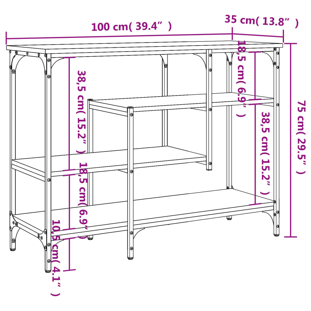 Mesa consola c/ prateleiras 100x35x75 cm cinzento sonoma