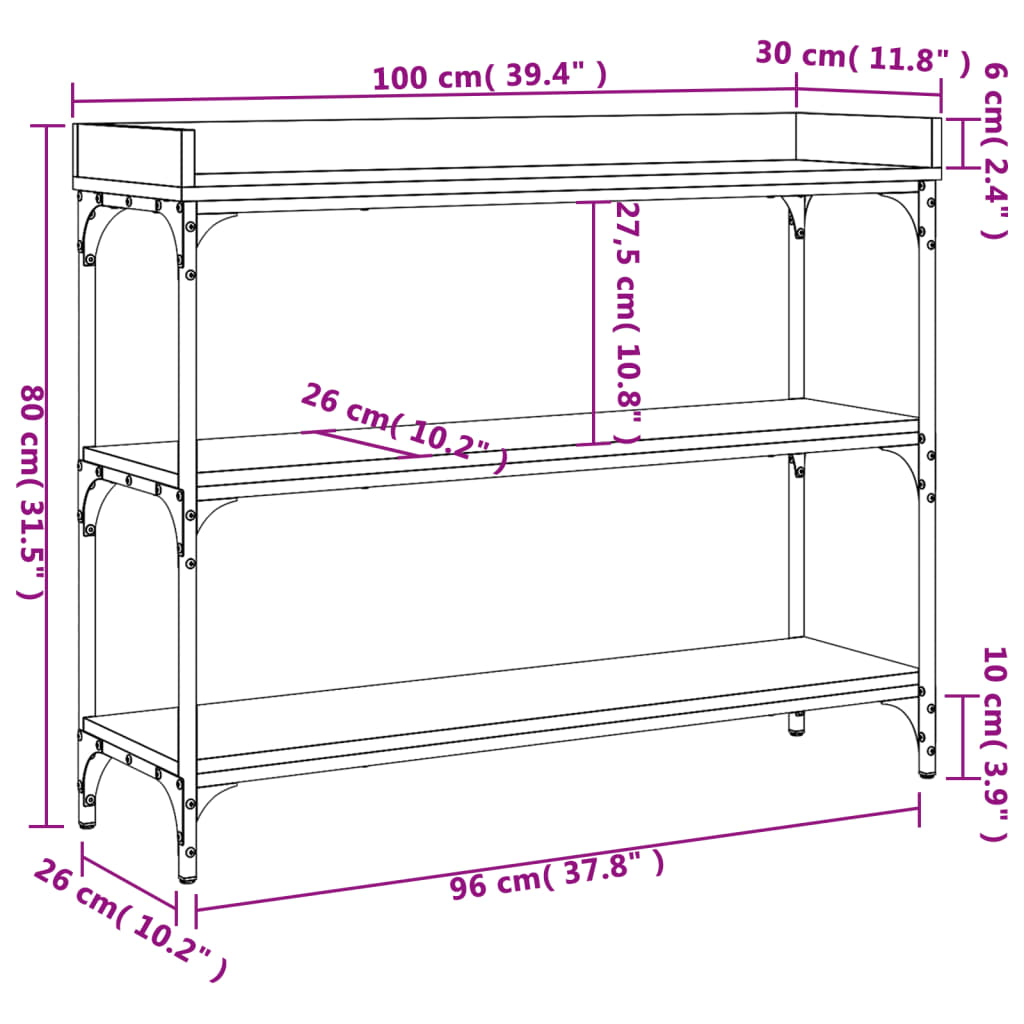 Mesa consola c/ prateleiras 100x30x80 cm carvalho sonoma