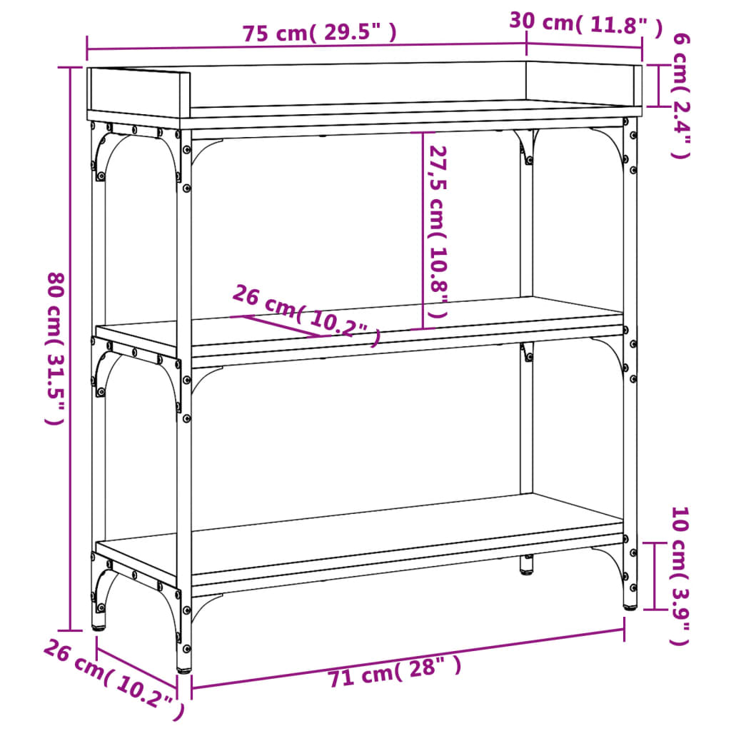 Mesa consola c/ prateleiras 75x30x80 cm carvalho castanho