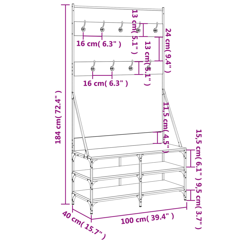 Bengaleiro Frederica c/ Arrumação de Calçado - 100x40x184 cm - Cor preto - Design Moderno