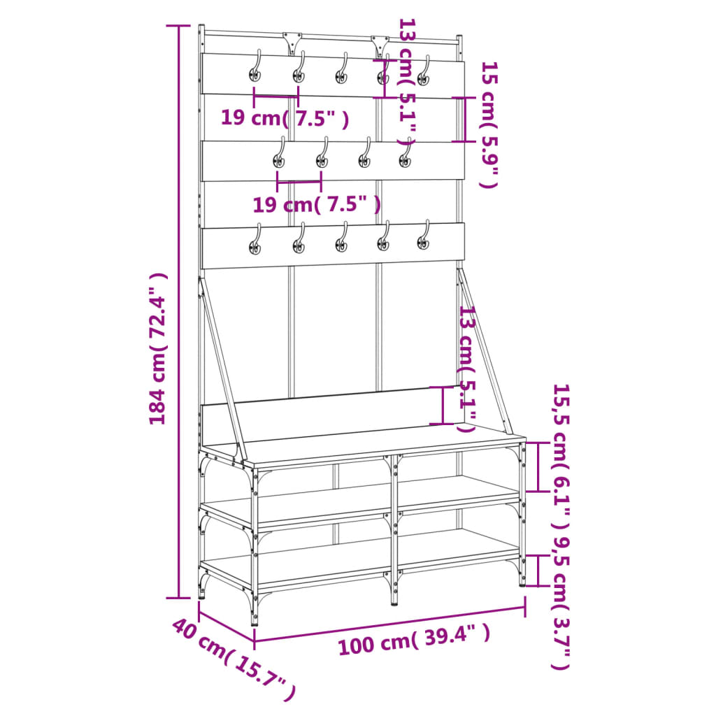 Bengaleiro Allegra c/ Arrumação de Calçado - 100x40x184cm - Carvalho Sonoma- Design Moderno