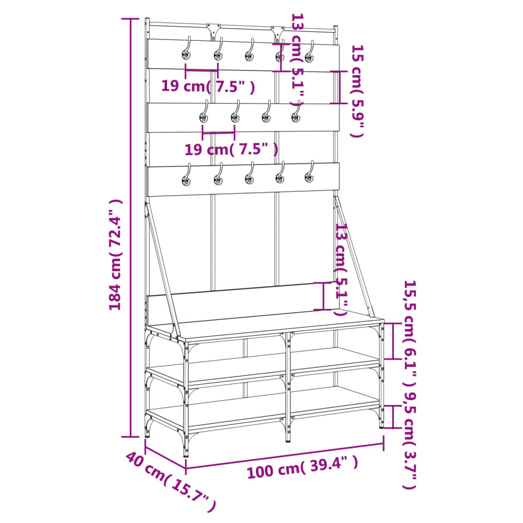 Bengaleiro Allegra c/ Arrumação de Calçado - 100x40x184cm - Cinzento Sonoma- Design Moderno