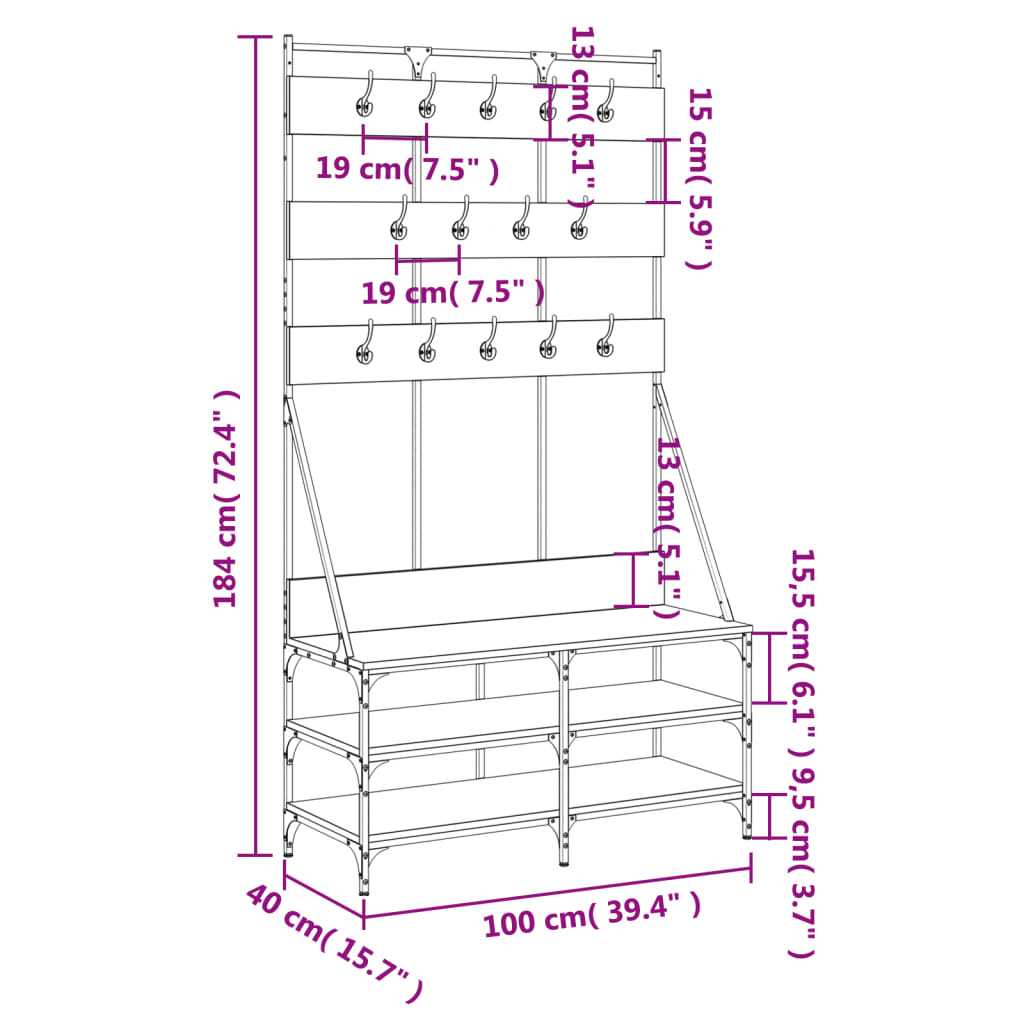 Bengaleiro Allegra c/ Arrumação de Calçado - 100x40x184cm - Carvalho Castanho- Design Moderno