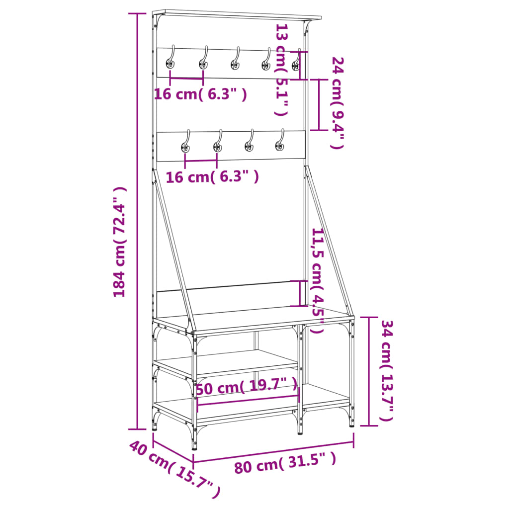 Bengaleiro Allegra c/ Arrumação de Calçado - 80x40x184 cm - Carvalho Sonoma- Design Moderno