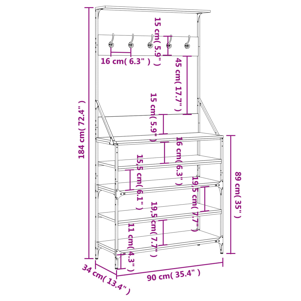 Bengaleiro Donna c/ Arrumação de Calçado - 90x34x184 cm - Cinzento Sonoma- Design Moderno