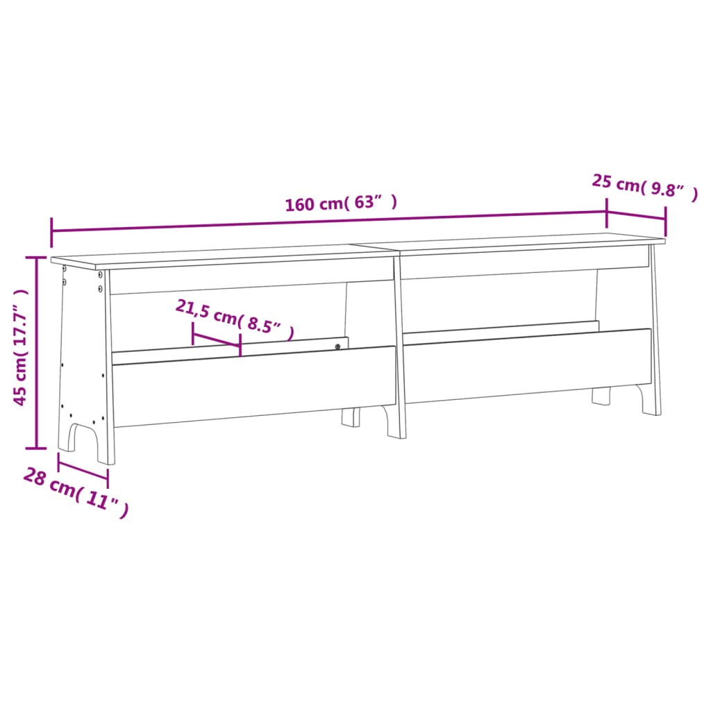 Banco de corredor 160x28x45 cm pinho maciço castanho cera